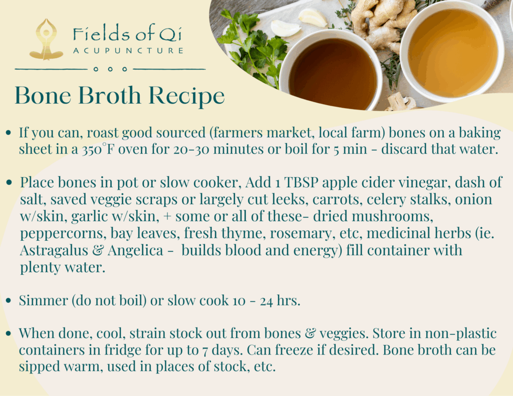 A rustic pot of simmering bone broth with medicinal herbs like ginger, goji berries, and astragalus for digestive and immune support.